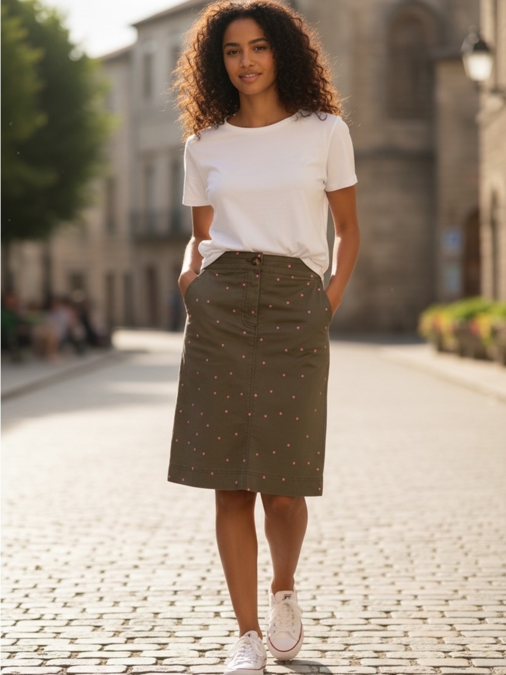 Boden Women's Olive Green A-Line Skirt with Pink Polka Dots